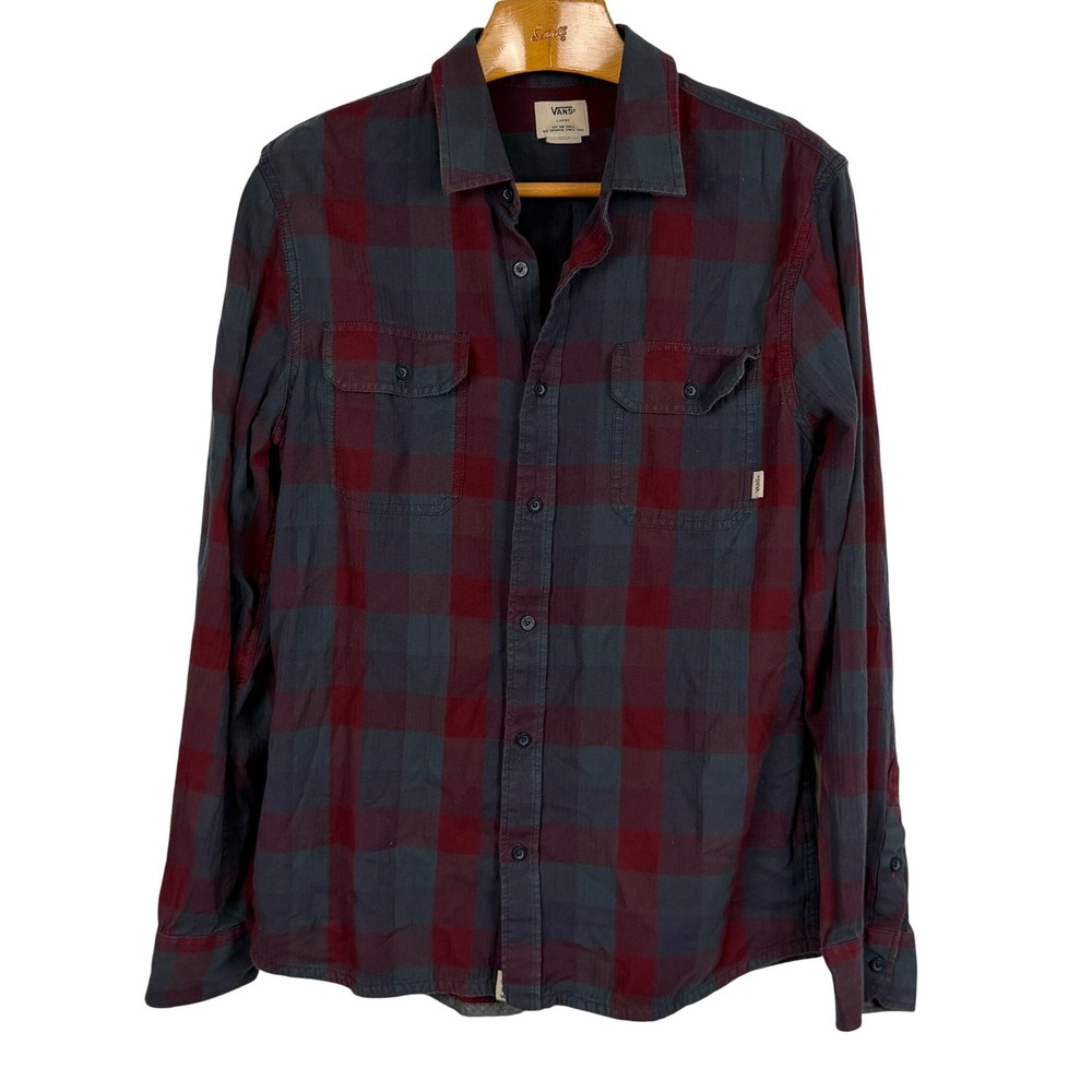 Vans Button Down Shirt Plaid Flannel Large Burgundy Grey Cotton Long Sleeve
